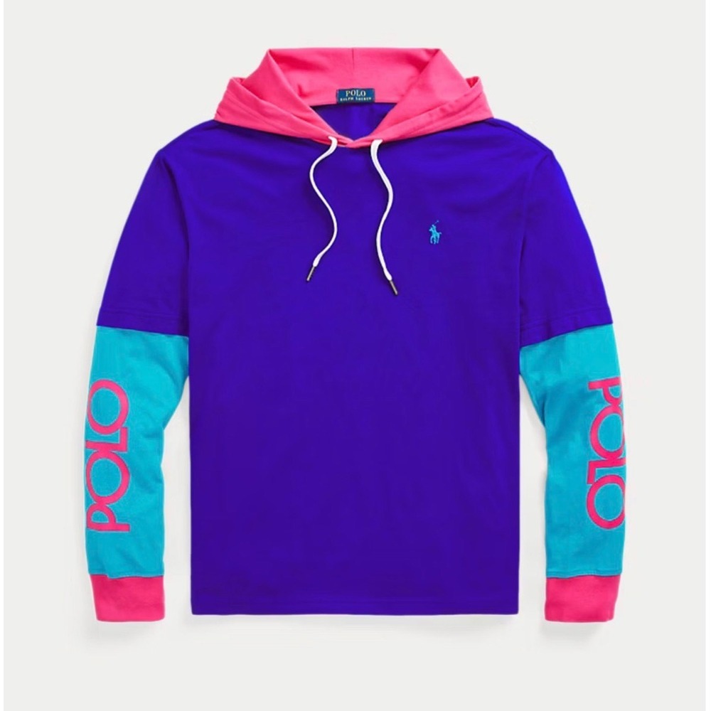 Polo Ralph Lauren Mens Colorblock Long Sleeve Hooded T-Shirt Blue Pink Large